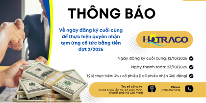Thông báo về ngày đăng ký cuối cùng để thực hiện quyền nhận tạm ứng cổ tức đợt 2 năm 2026 bằng tiền / Regarding the last date of registration for exercising the right receive the second period in 2026 in cash