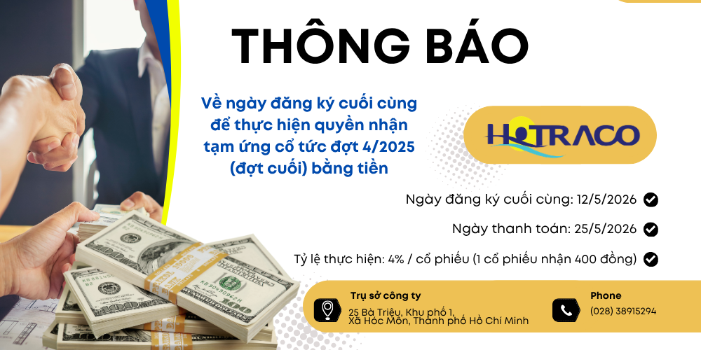 Thông báo về ngày đăng ký cuối cùng để thực hiện quyền nhận cổ tức đợt 4/2025 (đợt cuối) bằng tiền